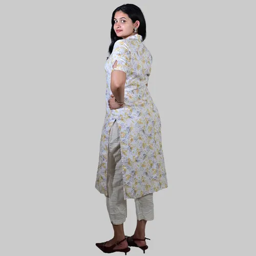 white with yellow half collar kurti
